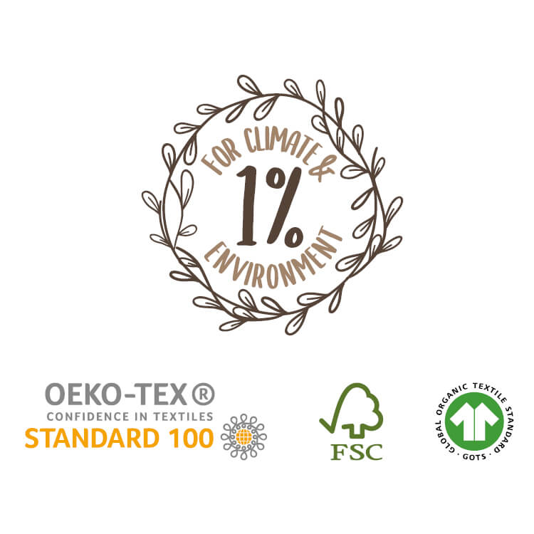 Nachhaltigkeits-Siegel: 1% for climate & environment, OEKO-TEX Standard 100, FSC, GOTS